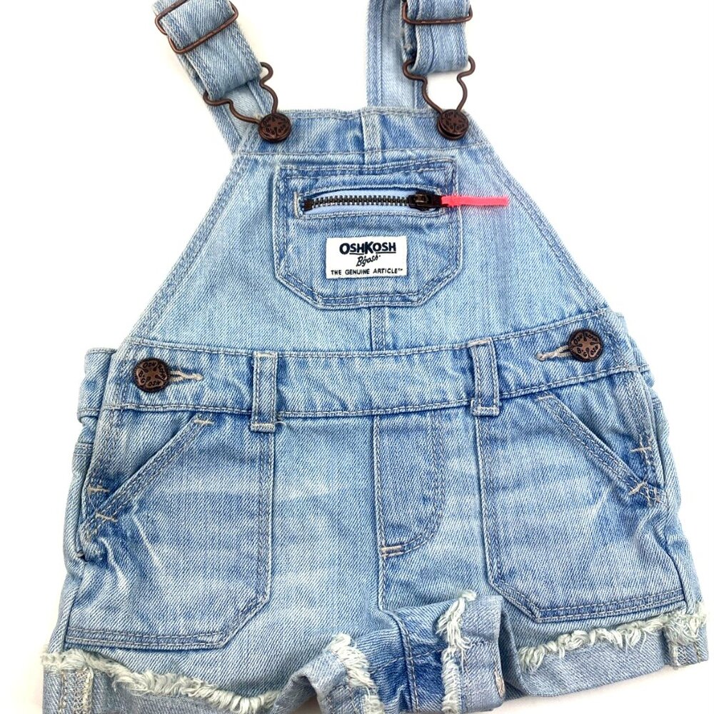 Vintage Oshkosh B'Gosh Baby Overalls Shorts Size 6m Girls Denim Zipper Pocket